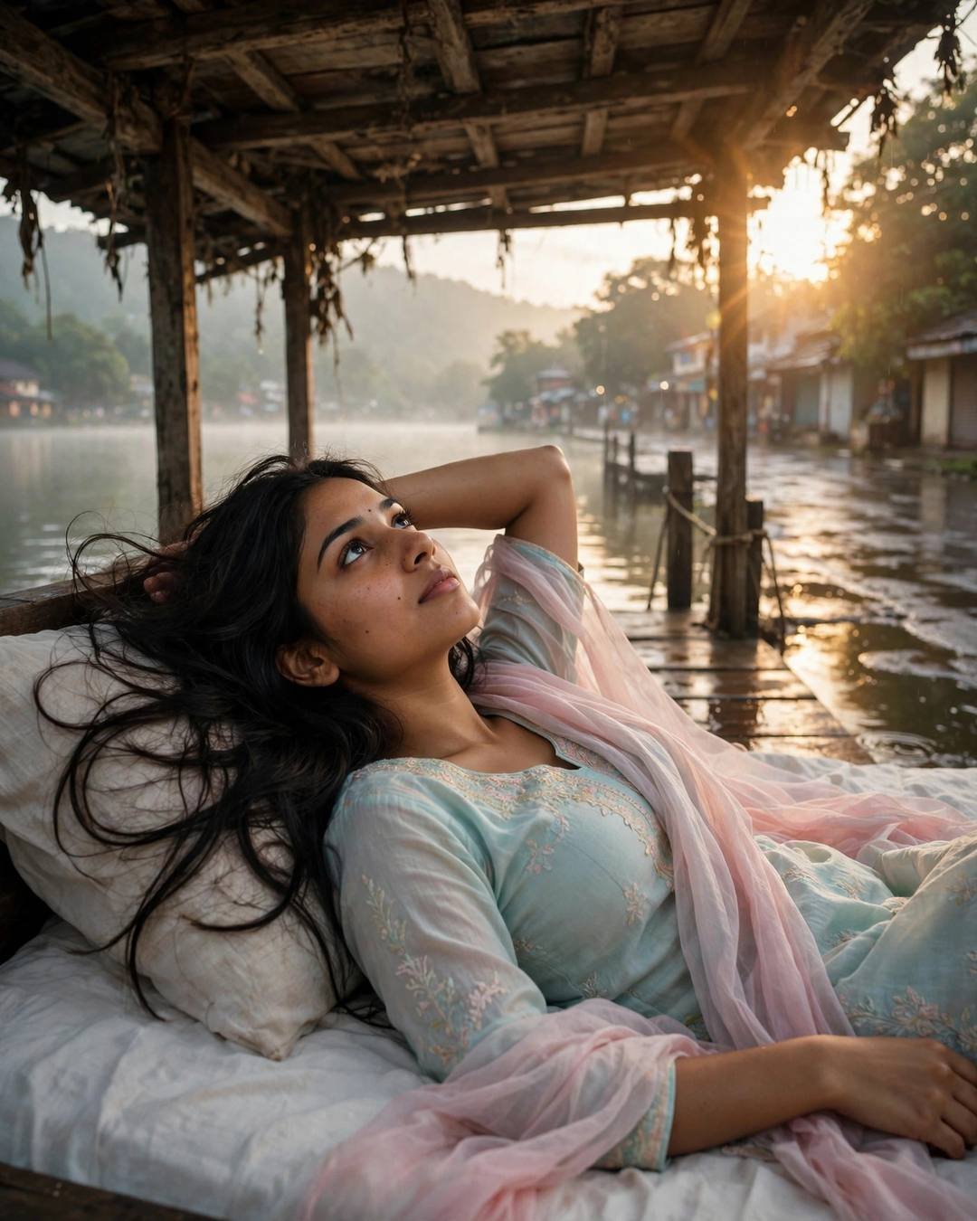 Young Indian woman reclining on a wooden lake pier at dawn, golden backlight flaring through mist