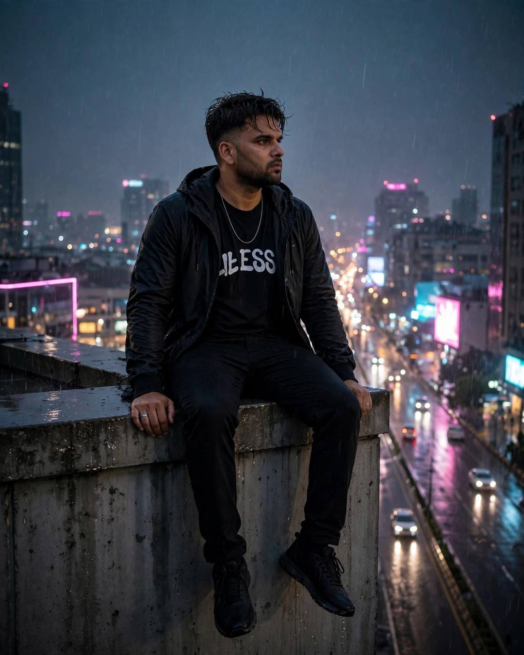 Young Indian man in black streetwear sitting on a rooftop ledge overlooking a neon city at night
