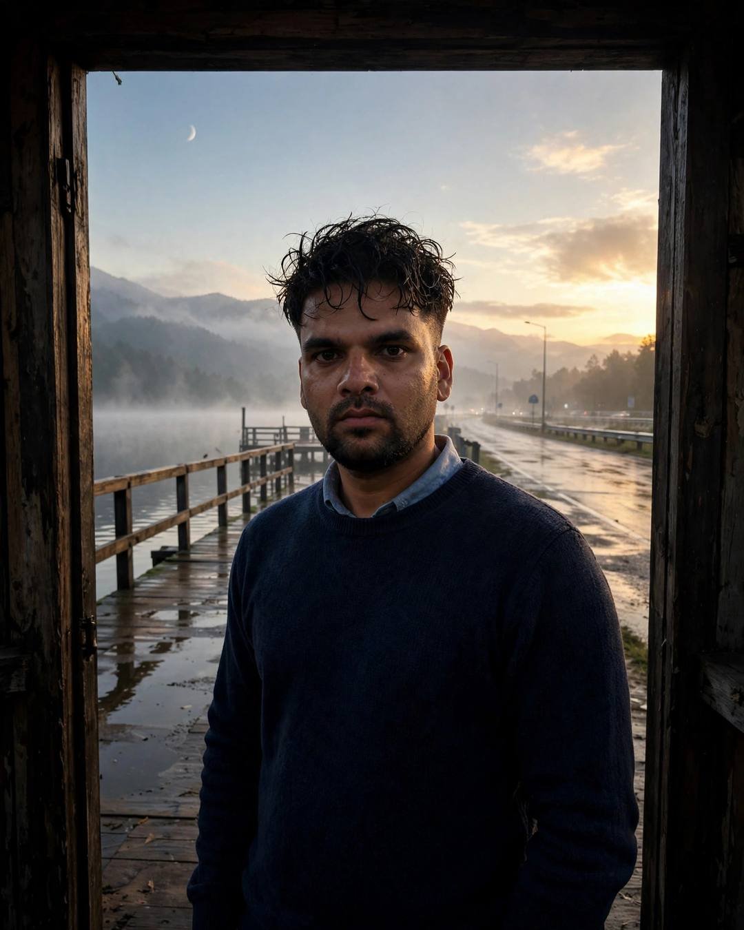 Young Indian man in navy sweater standing in a doorway with a misty lake pier at dawn behind