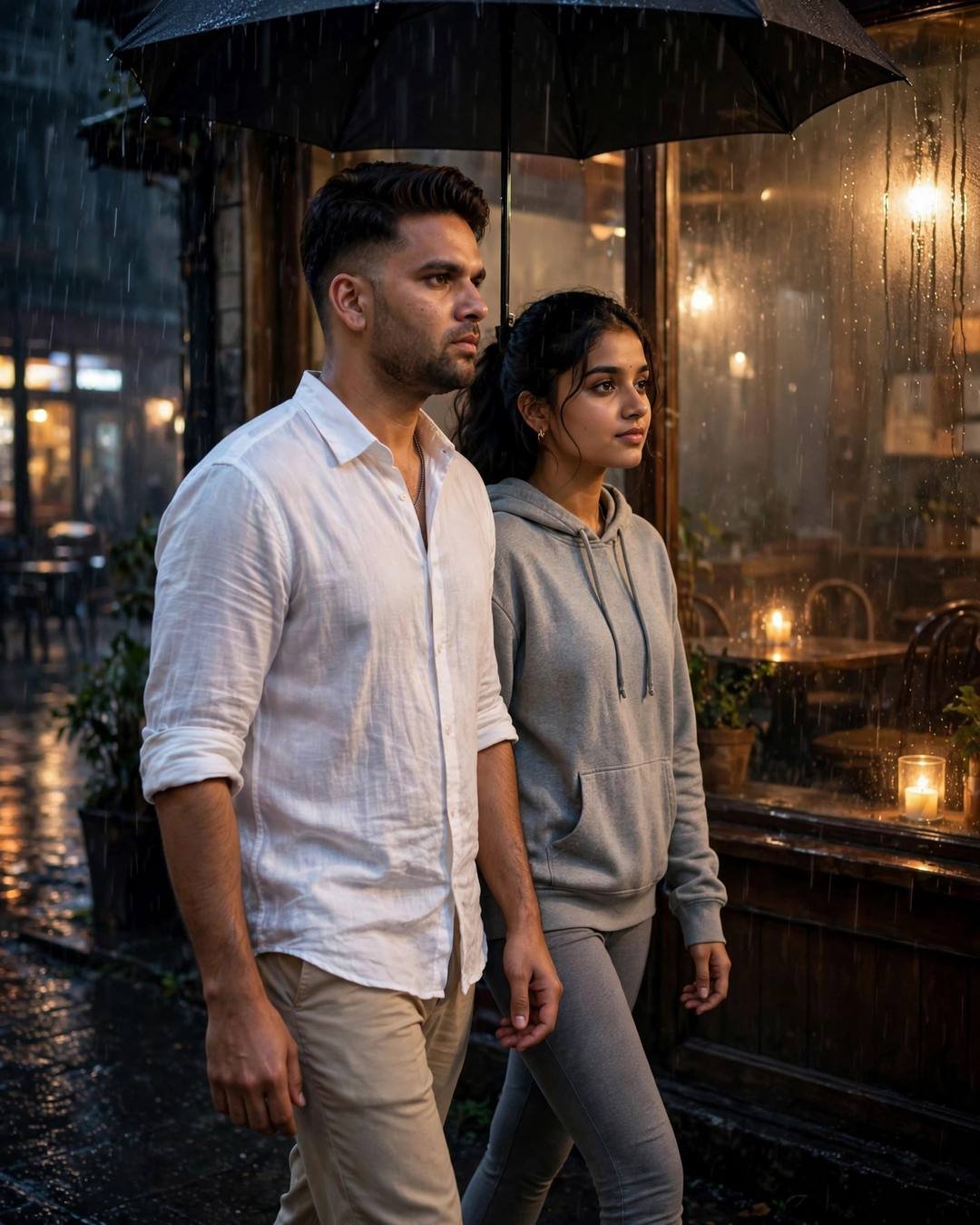 Young couple walking under one umbrella in the rain past an old cafe with a fogged candlelit window