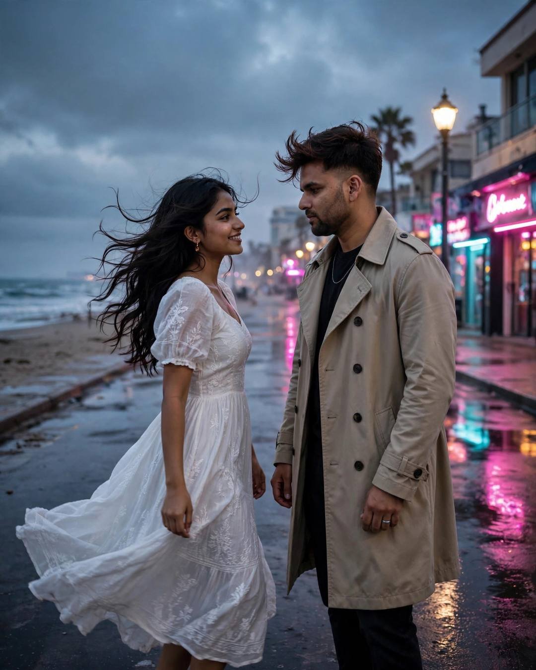 Couple slow dancing on an empty neon-lit street by the beach at dusk, her white dress twirling