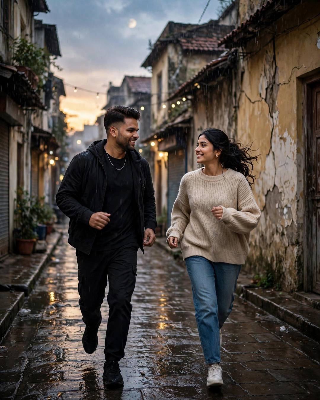 Happy couple running toward each other down a rain-washed old-city lane at golden hour