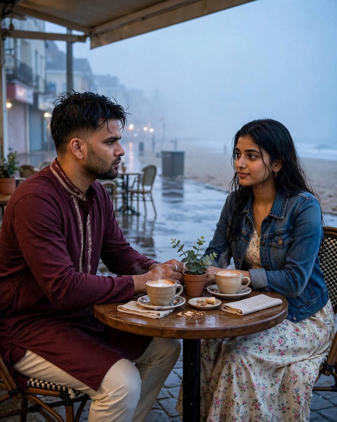 Young couple at a small cafe table on a foggy beach at dusk, hands almost touching over coffee cups