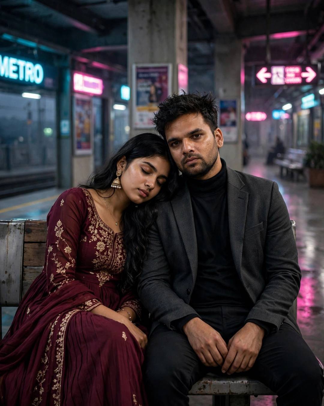 Couple sitting close on a midnight metro station bench, her head on his shoulder, in neon pink and cyan light
