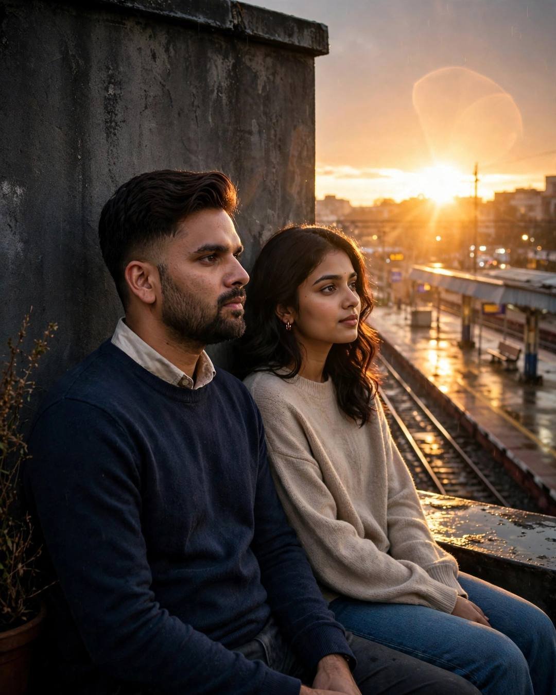 Couple sitting on a rooftop edge above railway tracks at golden hour, warm backlight with lens flare