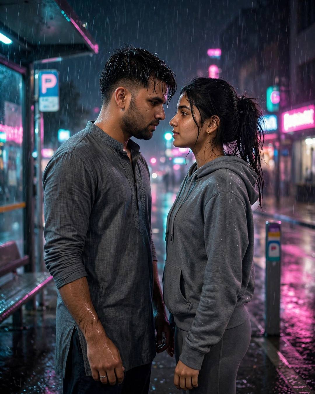 Couple standing face to face at a rainy bus stop at midnight, foreheads almost touching, neon pink and cyan light