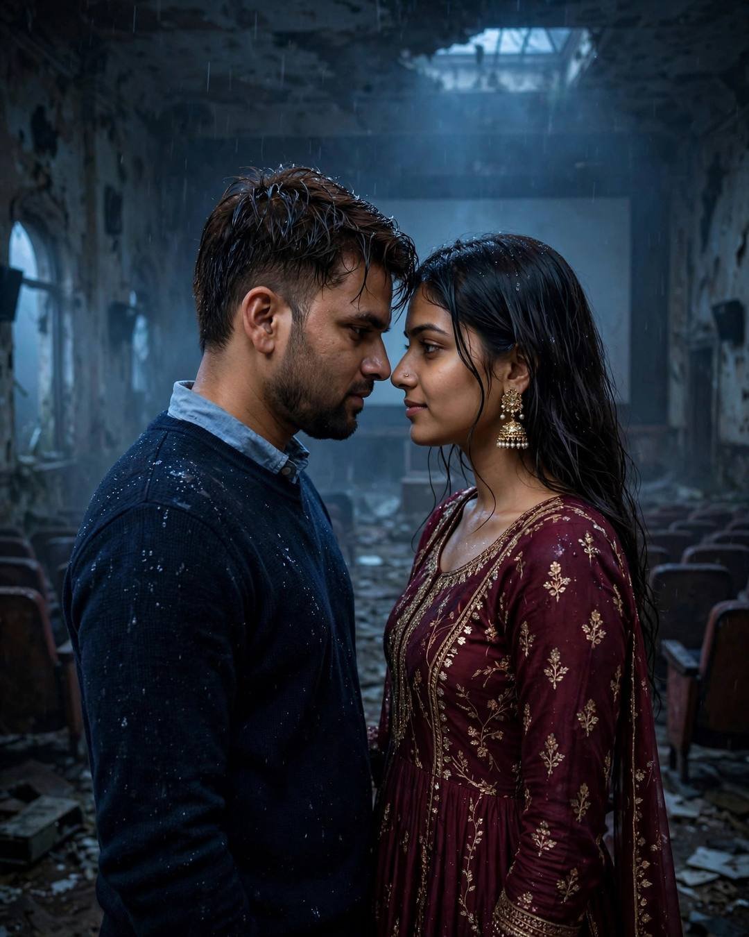 Couple standing face to face with foreheads almost touching in an abandoned cinema hall, blue-hour glow through fog