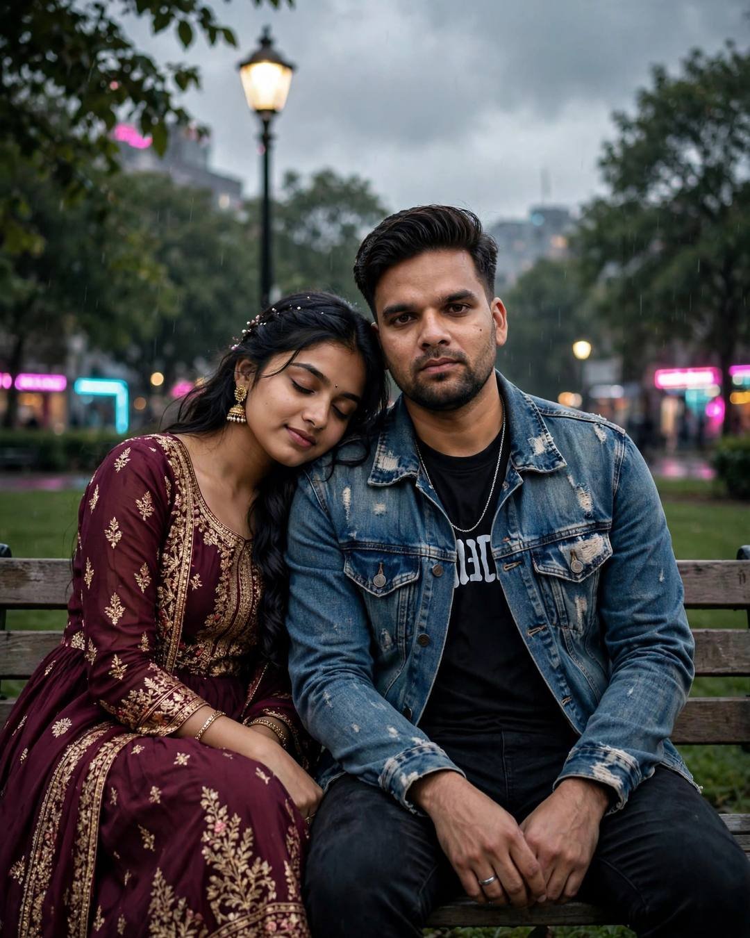 Couple on a park bench under a lone lamp, her head on his shoulder, neon glow in the overcast background