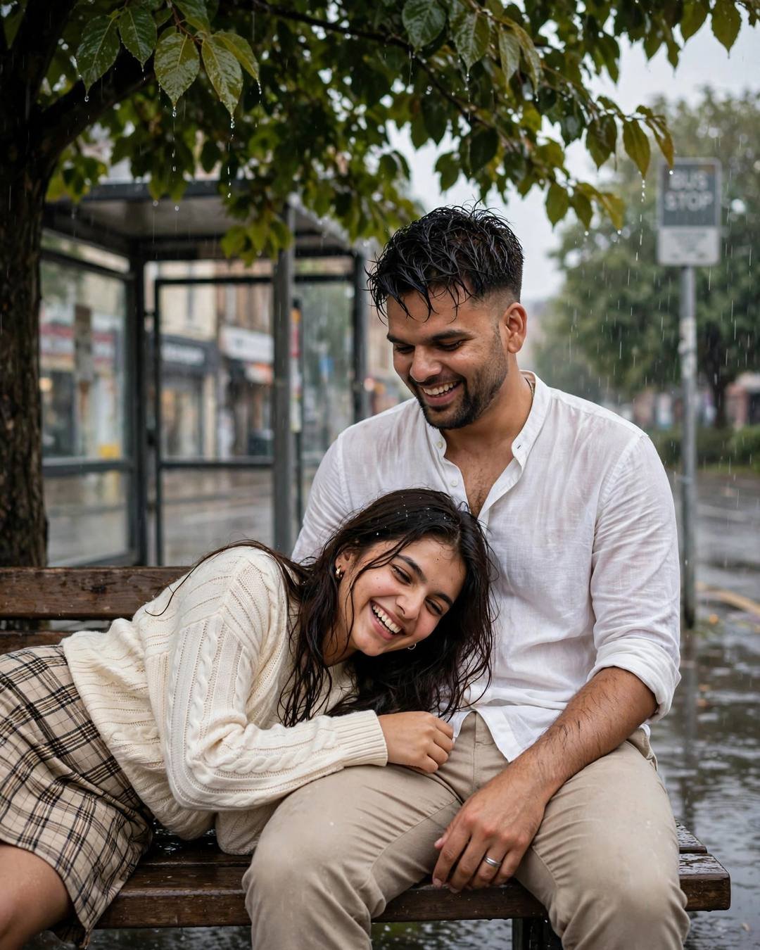 Couple laughing softly on a bus-stop bench in the rain, her head resting in his lap