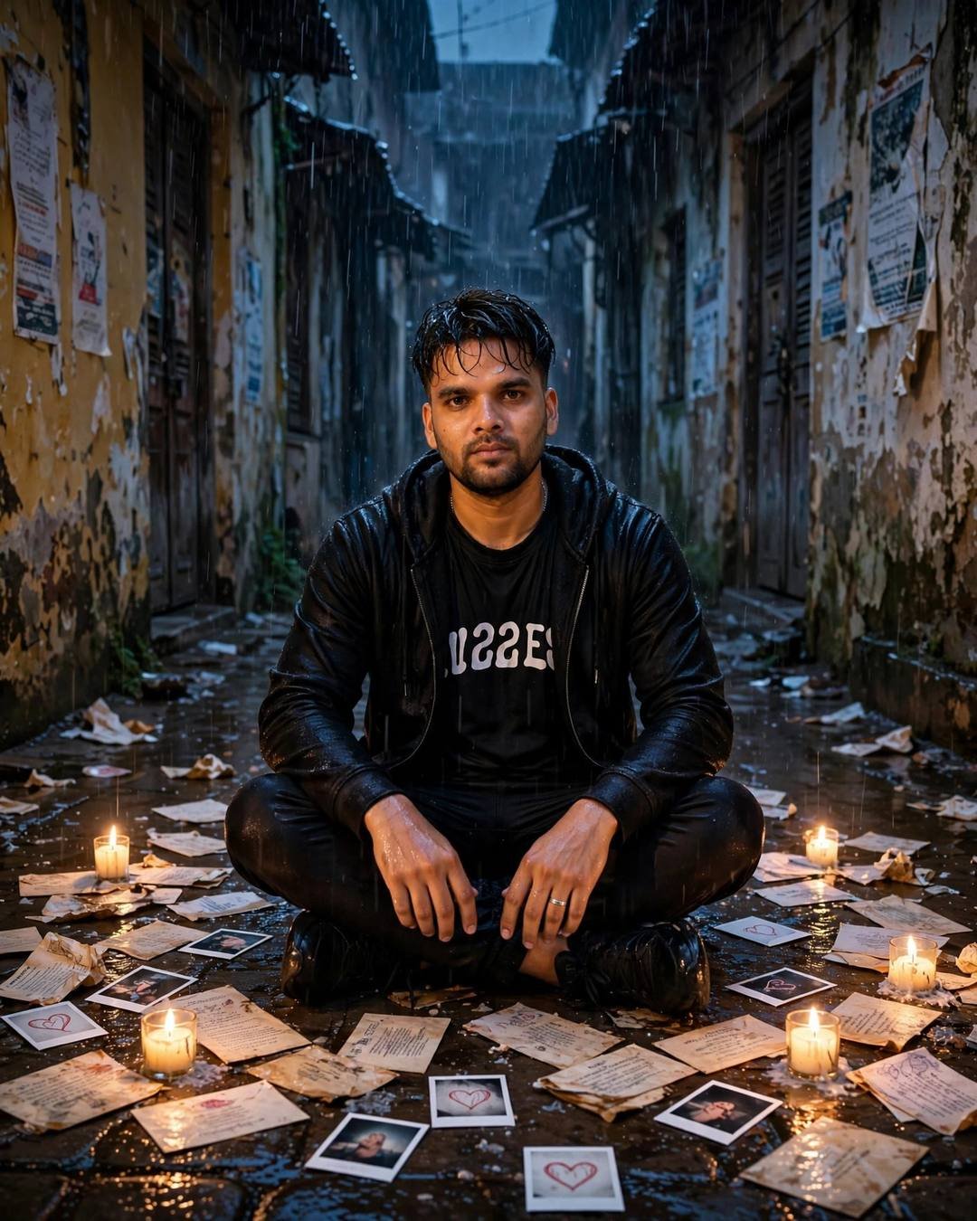 Young man sitting cross-legged in a rainy old-city lane surrounded by old letters, photos and candles