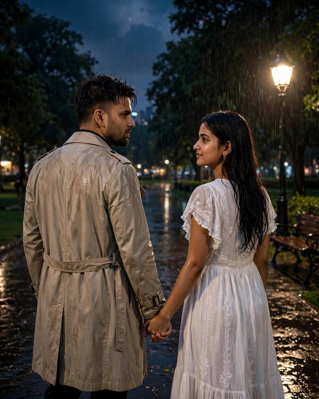 Young couple walking hand in hand away on a rainy park path under a glowing lamp at night