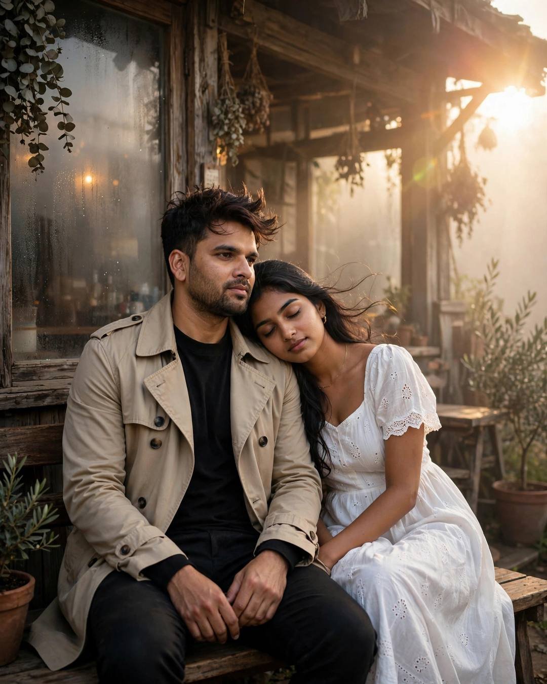 Young couple on a bench outside an old cafe at golden dawn, her head on his shoulder