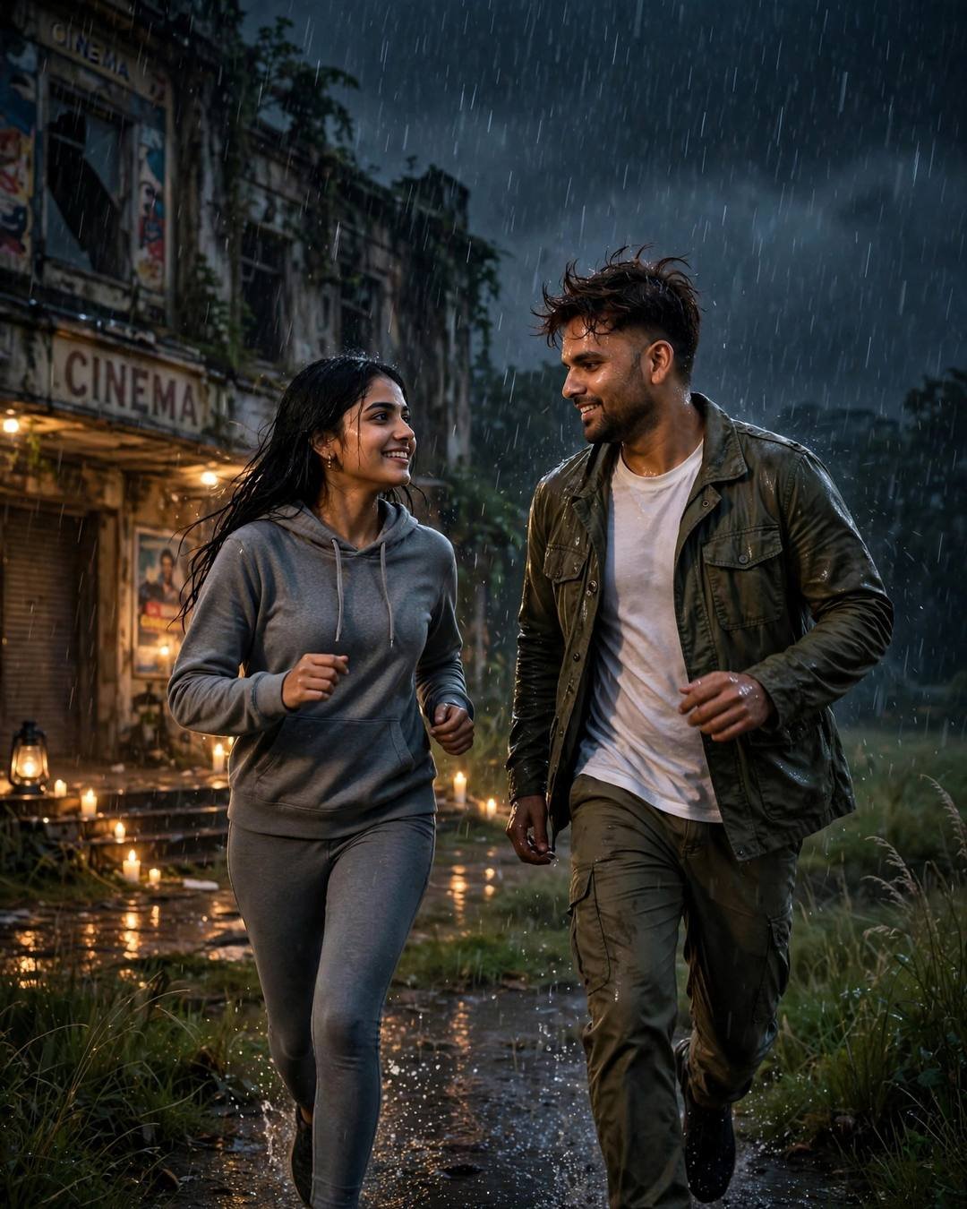 Couple running toward each other in heavy midnight rain by an abandoned cinema, olive jacket and grey hoodie, candles on steps