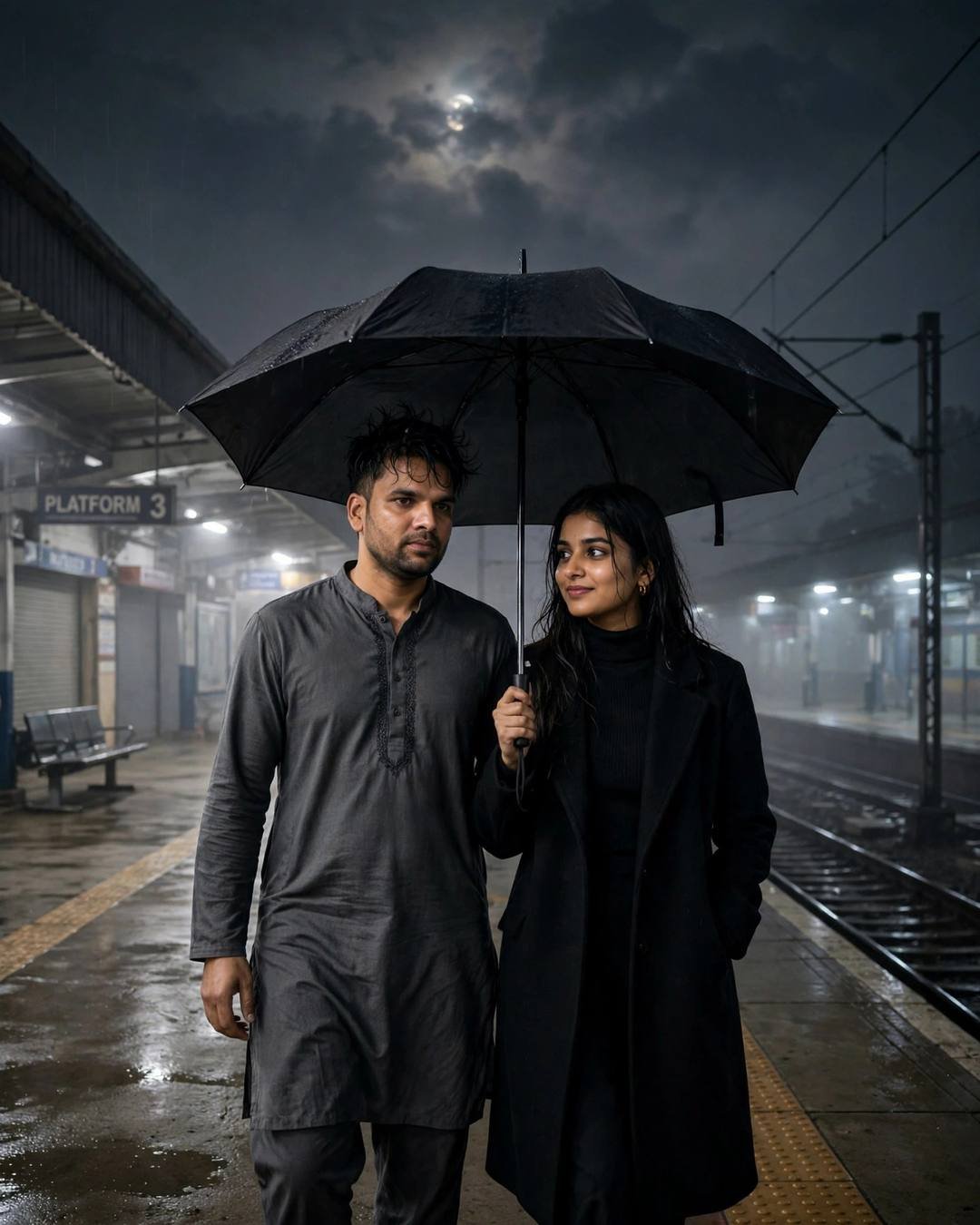Couple under one umbrella on an empty foggy railway platform at 2am, grey kurta and black coat, moon behind clouds