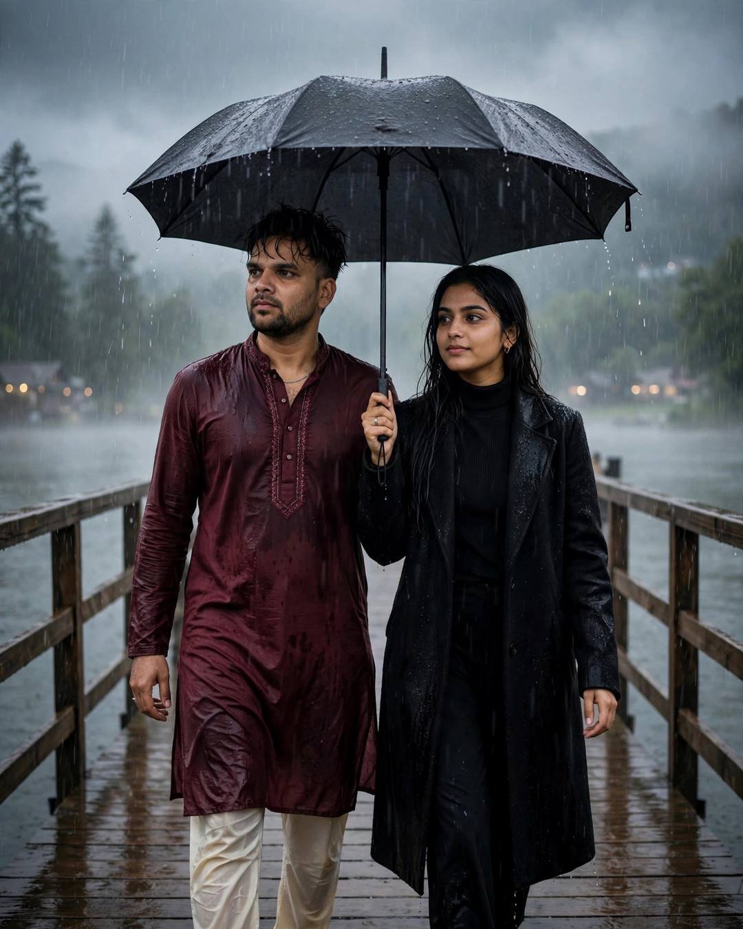 Couple under one umbrella on a rainy lake pier, maroon kurta and black coat, lake fading into fog