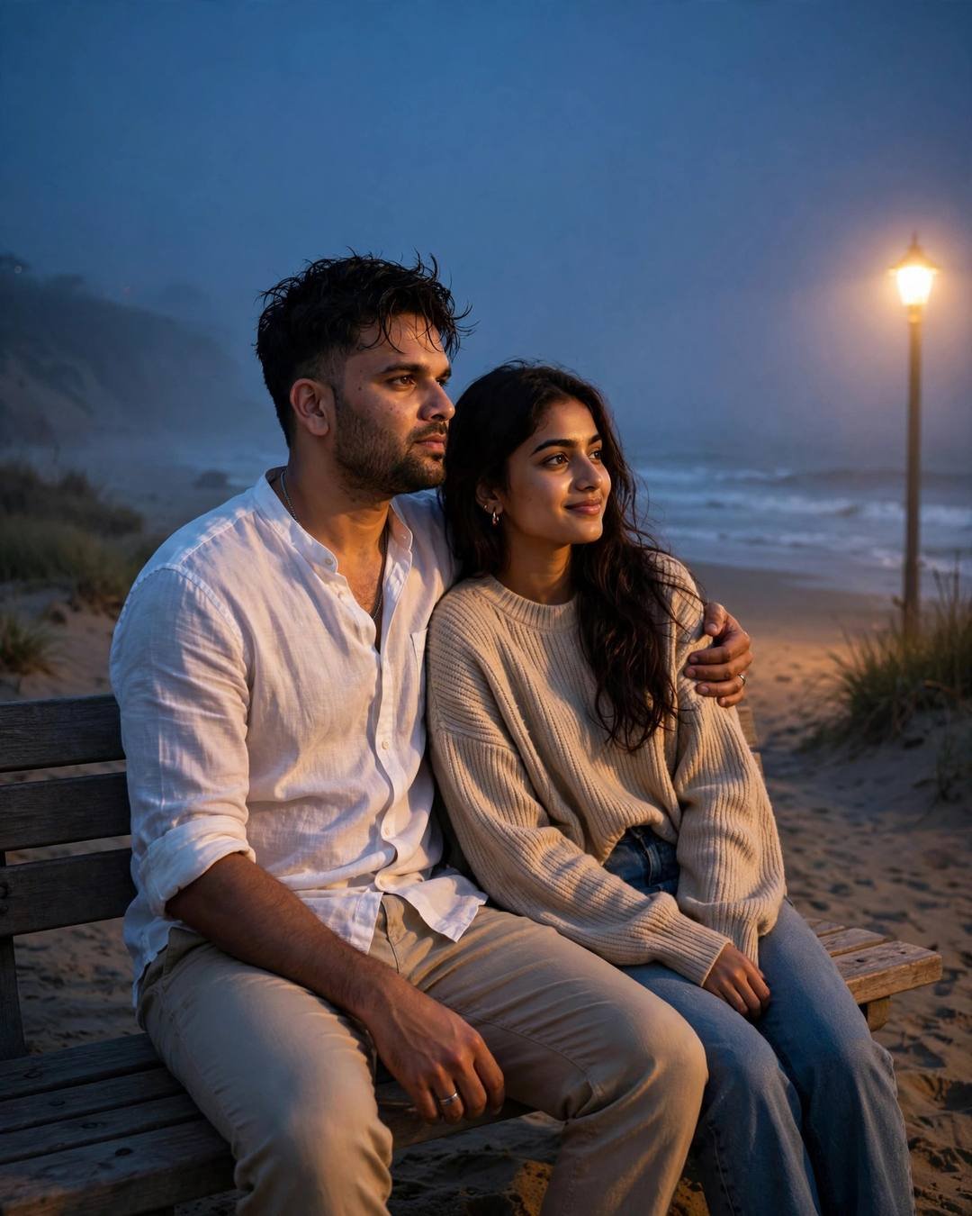 Couple on a beach bench under a lone lamp in fog at dusk, white linen shirt and beige sweater, waves behind