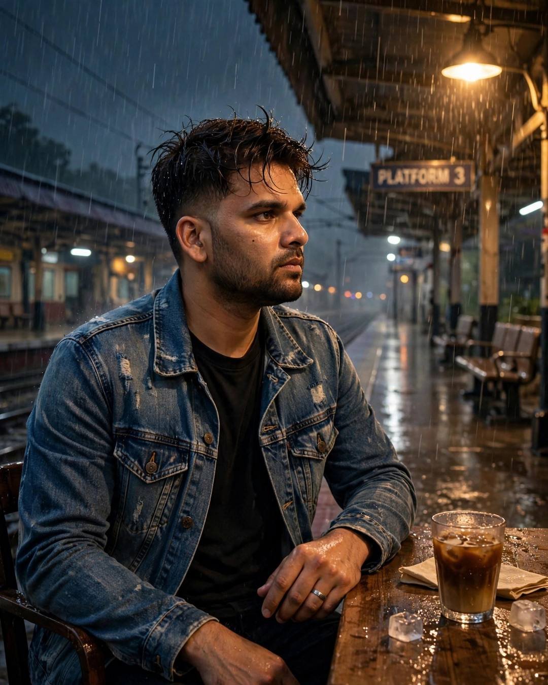 Young Indian man in denim jacket sitting at a table on a rainy railway platform with cold coffee