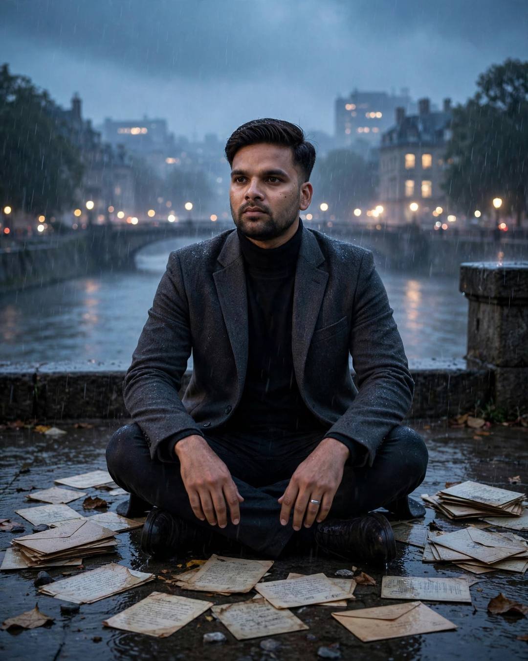 Young Indian man in charcoal blazer sitting cross-legged among old letters on a rainy river embankment
