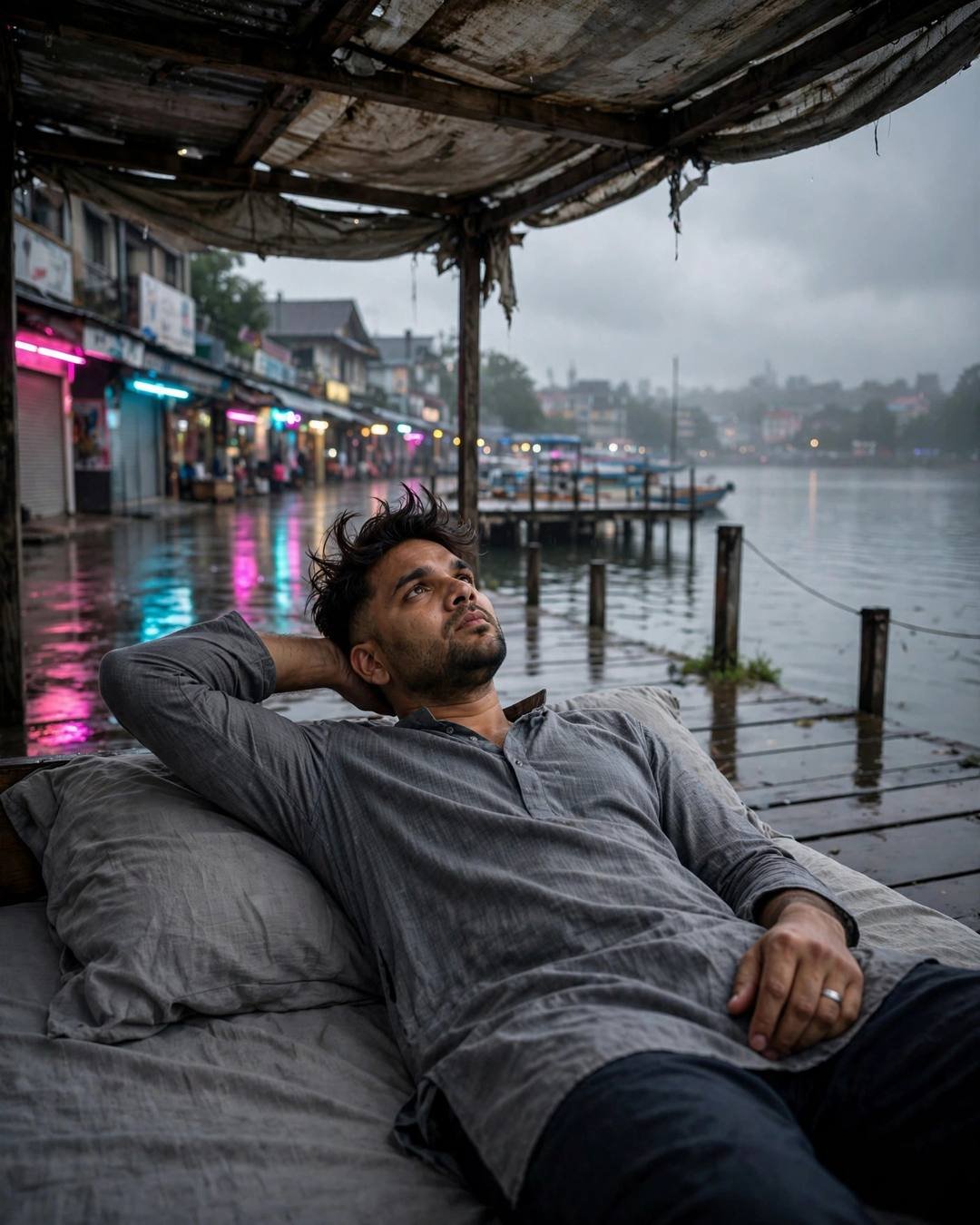 Young Indian man in grey kurta lying on a bed on a lake pier at dawn with neon reflections