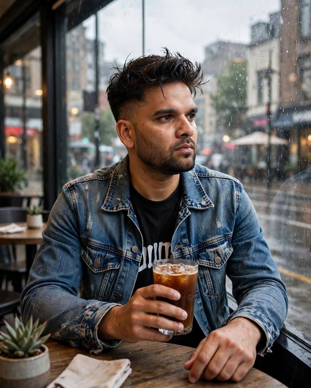 Young Indian man in denim jacket holding a cold coffee at a cafe table by a rain-streaked window