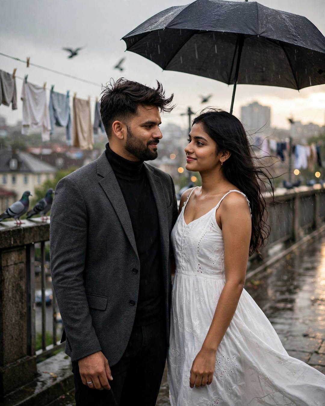 Couple under one black umbrella on a terrace in light rain, man in charcoal blazer, woman in white dress, pigeons and clothes lines around