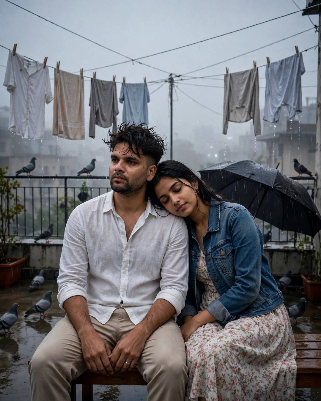 Couple on a drizzly terrace bench, woman's head on man's shoulder, white linen shirt and denim jacket over floral dress, pigeons around