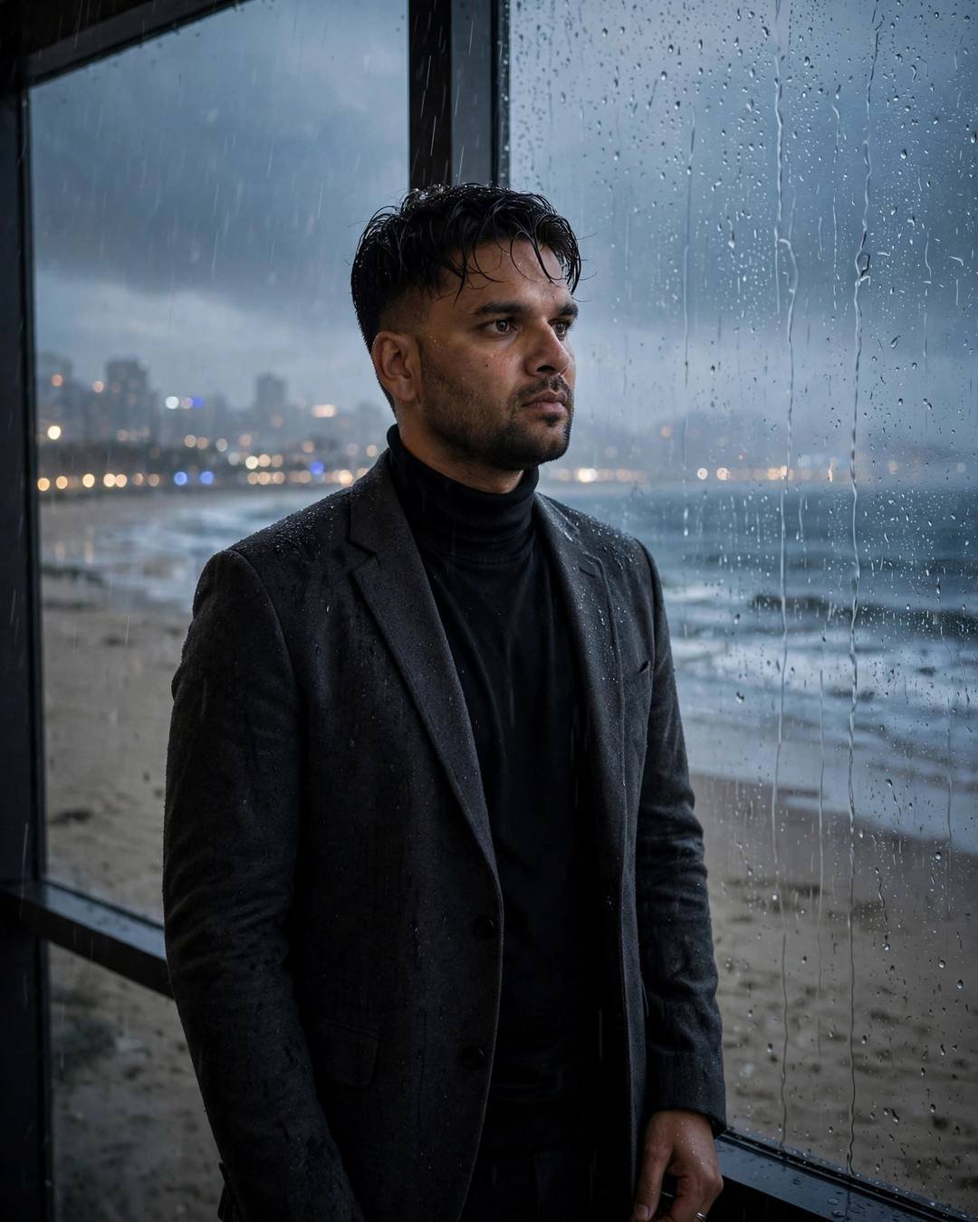 Young Indian man in charcoal blazer at a rain-streaked window overlooking a beach at dusk, hand on the glass