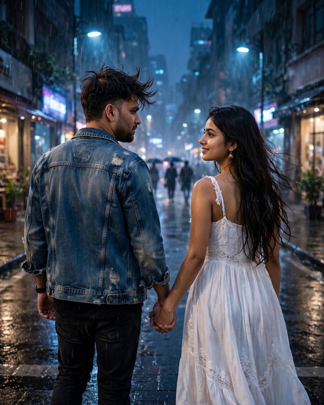 Couple holding hands walking through a rain-soaked city street at midnight blue hour