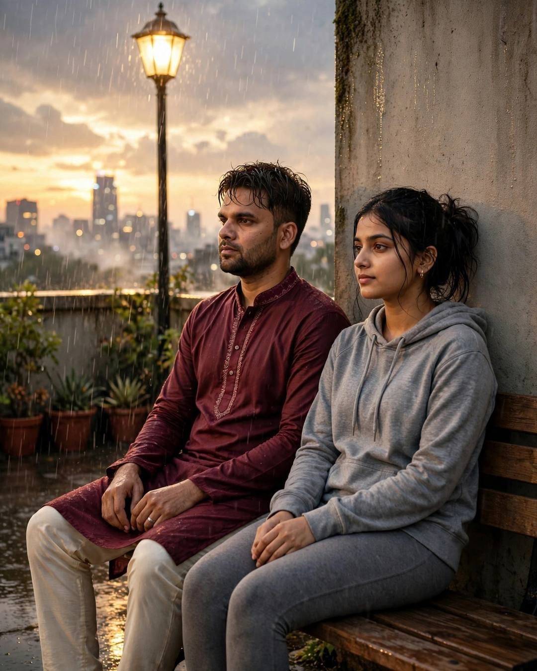 Cinematic AI portrait: timeless romance — sharing an umbrella under a sudden shower (Romantic Couple mood)