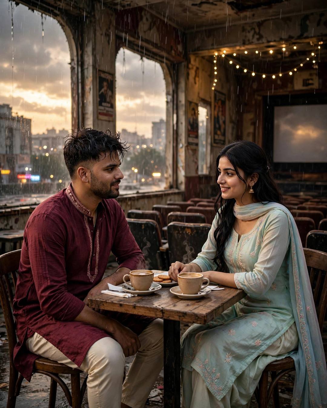 Couple sharing chai at a wooden table in an abandoned cinema with fairy lights, maroon kurta and pastel salwar-kameez, hands almost touching
