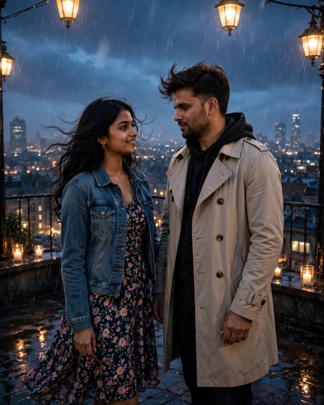 Couple laughing on a rooftop in monsoon drizzle, beige trench coat and denim jacket over floral dress, streetlamps and city lights