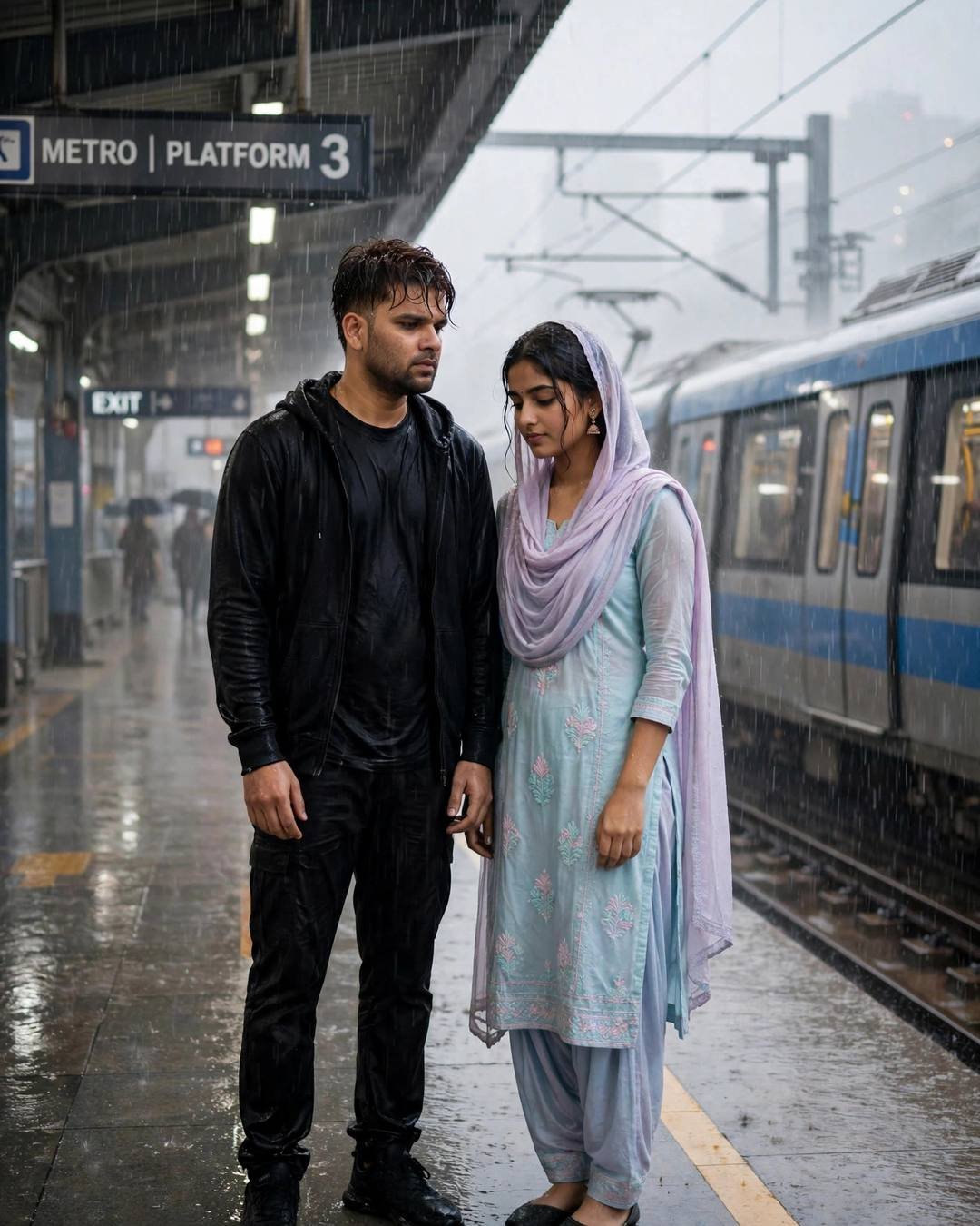 Young couple embracing on a rainy metro platform at night beside a waiting train