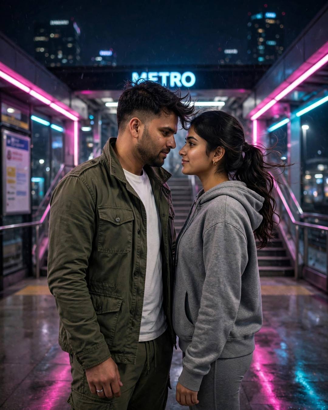 Young couple face to face with foreheads almost touching in a neon-lit metro station at night
