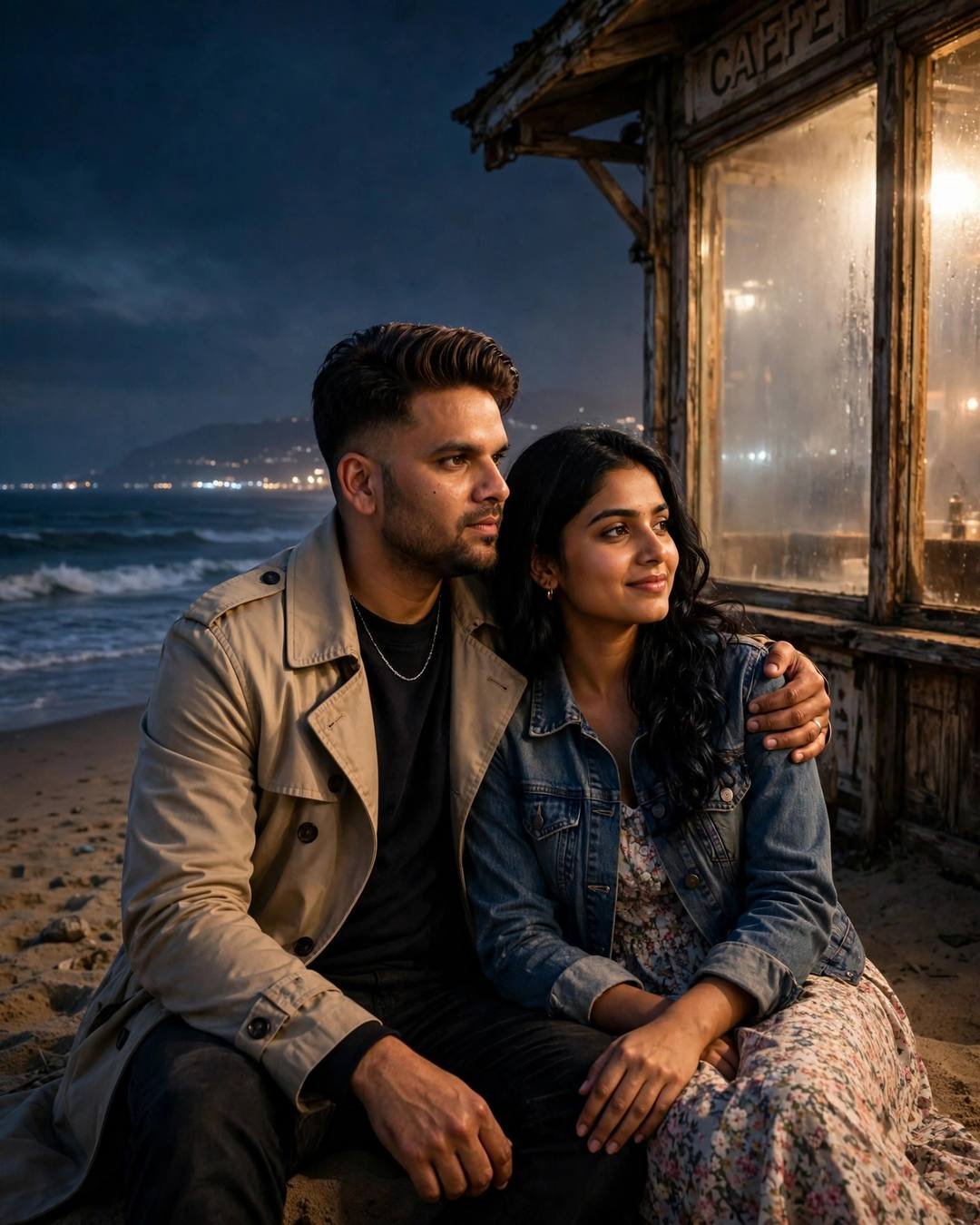 Young couple sitting on sand by the sea at night beside a glowing old cafe window
