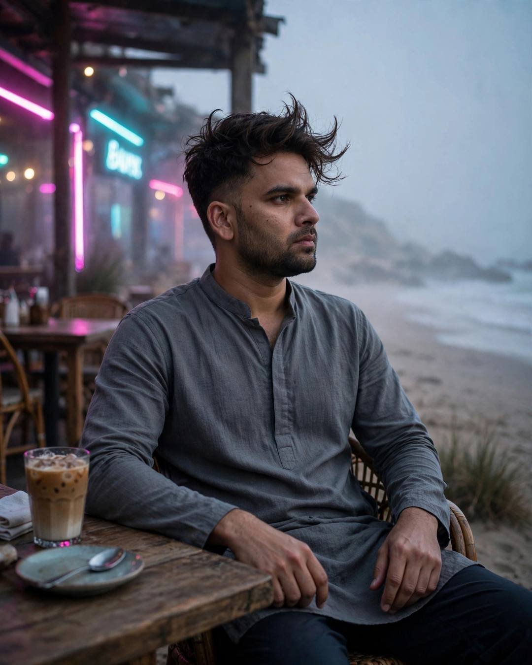 Young man in a grey kurta sitting at a foggy beach cafe at dusk with a half-smirk, neon pink and cyan light