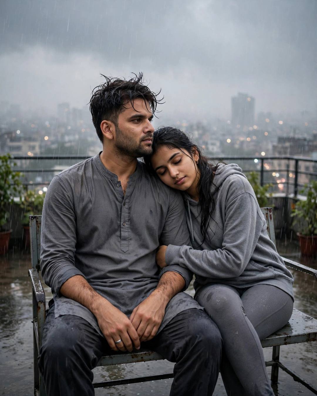 Cinematic AI portrait: love under grey skies — arguing softly in the rain, neither walking away (Sad Couple mood)