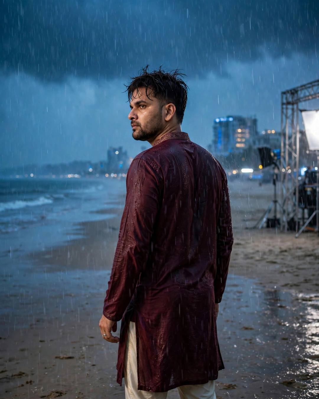Young Indian man in maroon kurta looking back over his shoulder on a rainy deserted beach at dusk