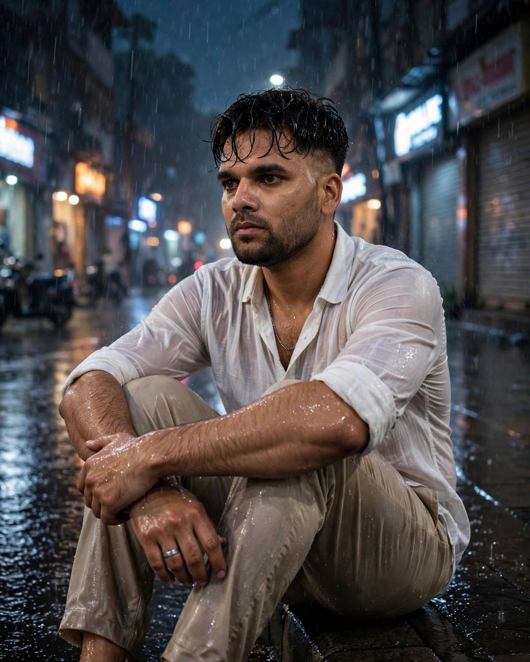 Young Indian man in wet white linen shirt sitting on a rain-soaked city street at night