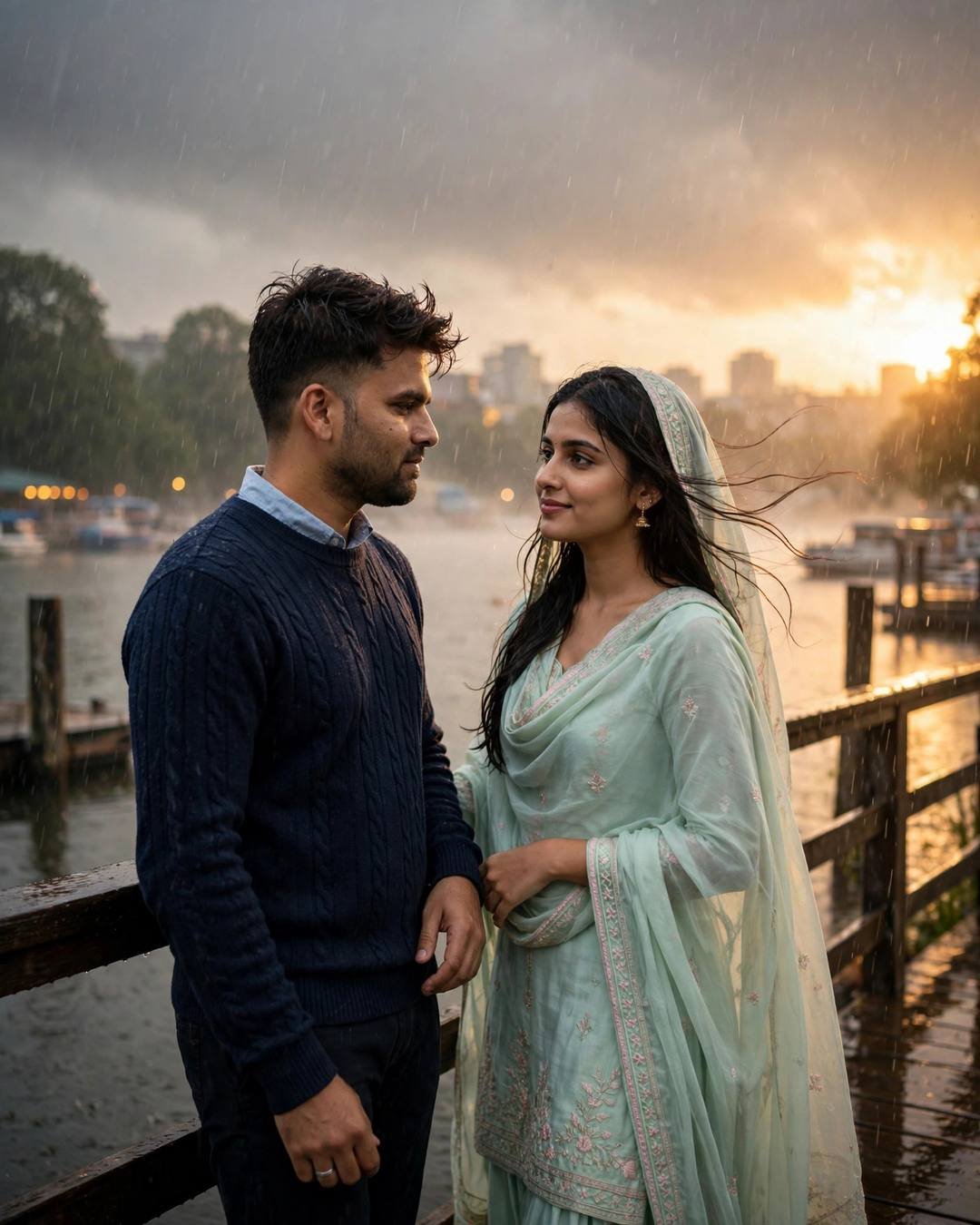 Couple sharing earphones on a lake pier at sunset in drizzle, navy sweater and pastel salwar-kameez, golden horizon