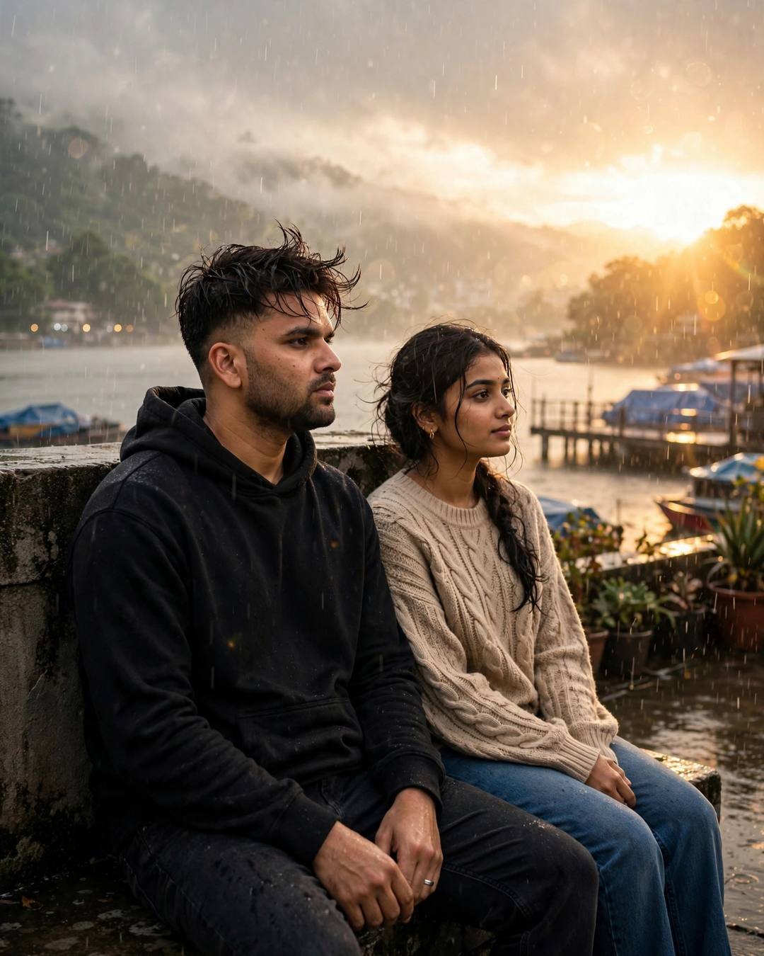 Couple seated against a terrace wall by a lake at golden hour in rain, black hoodie and beige sweater, gazing at each other