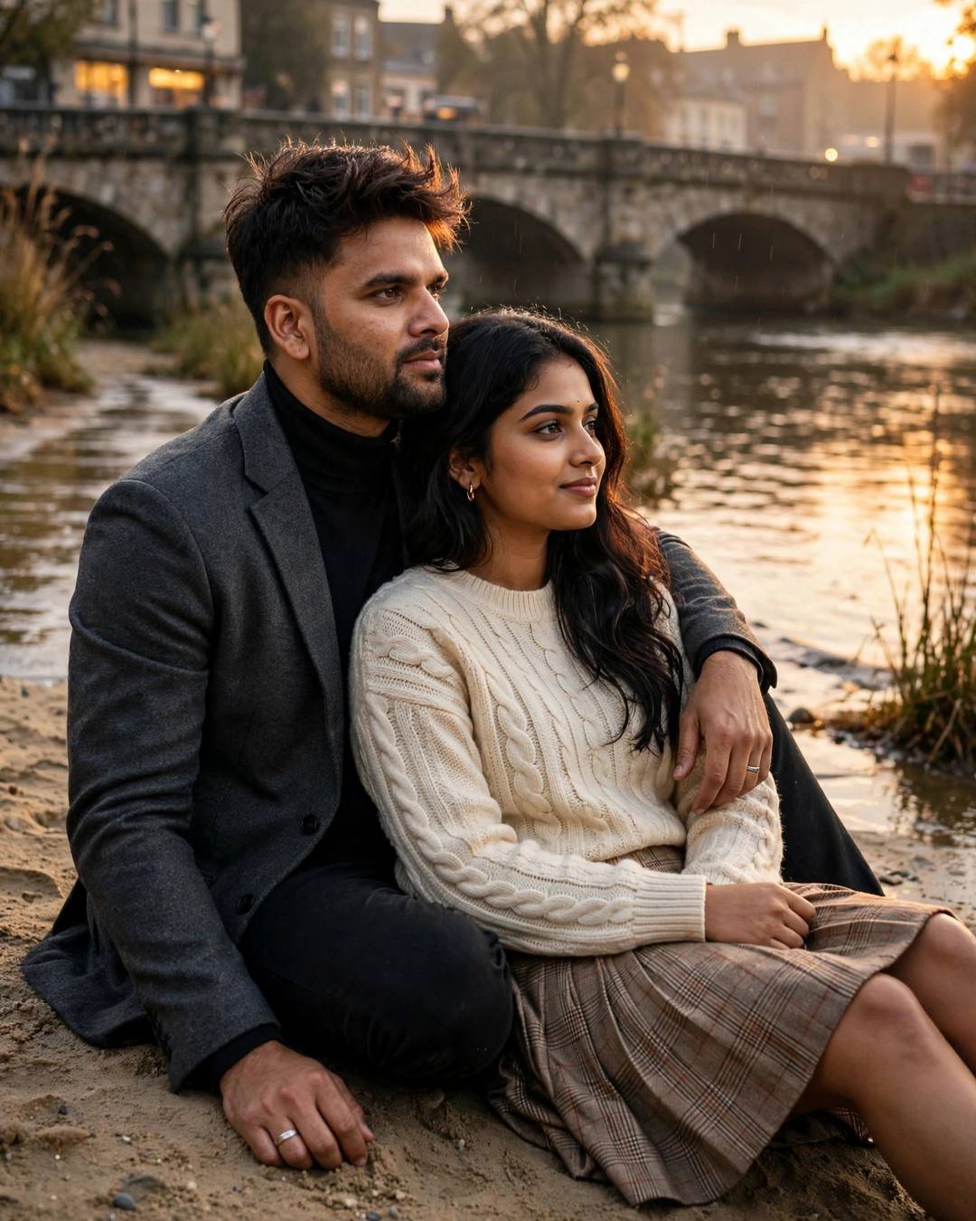 Couple on a sandy riverbank at golden hour, his arm around her, shadows merging on the sand, stone bridge behind