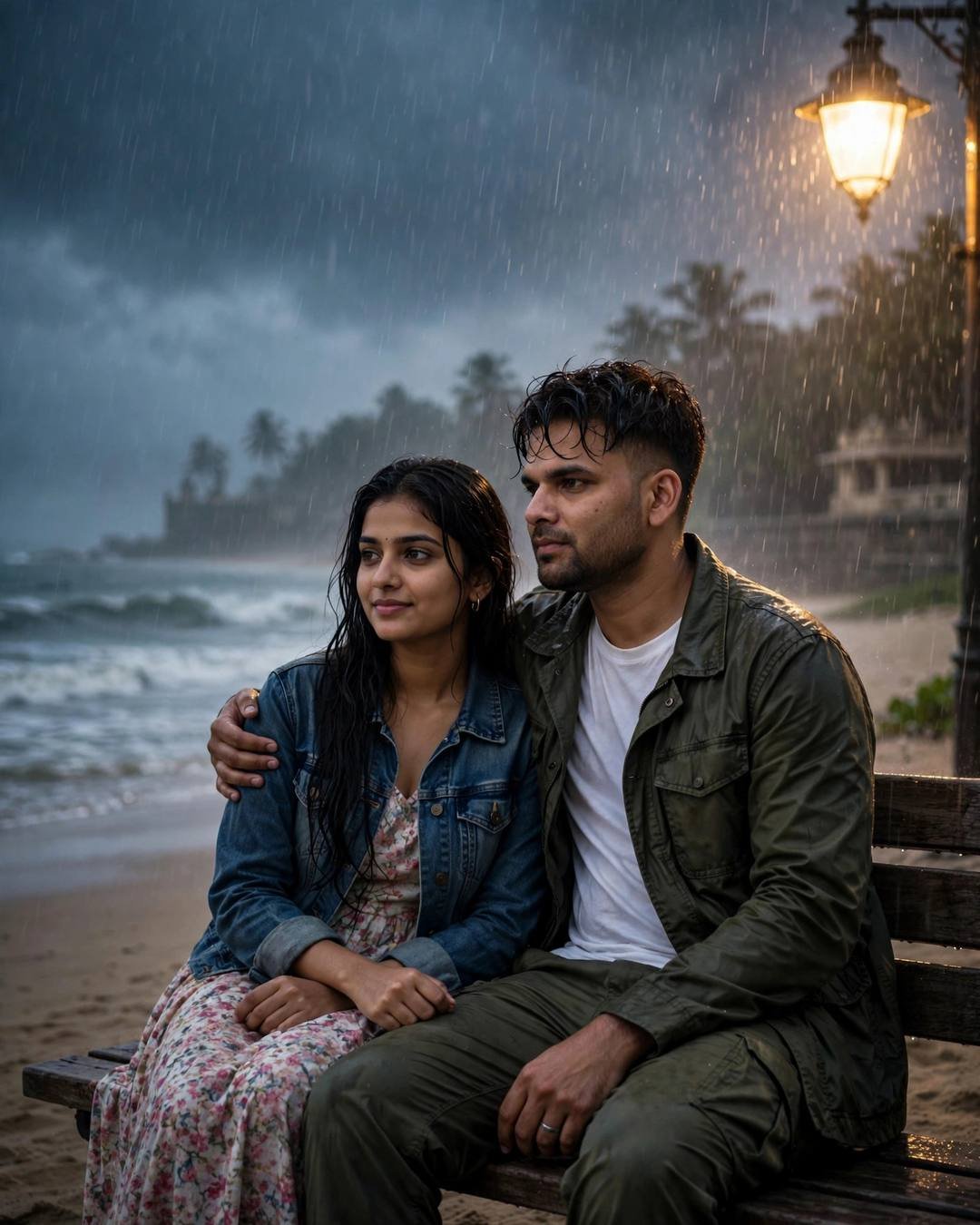 Young couple on a bench in monsoon rain above the beach, his arm around her