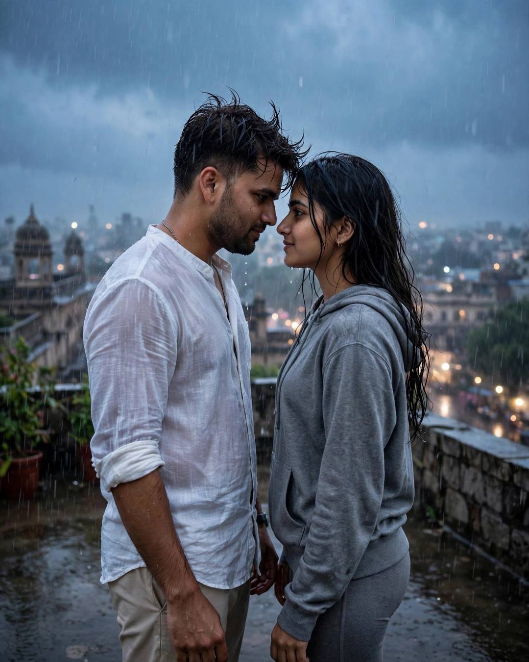 Young couple with foreheads almost touching on a rainy rooftop above an old city