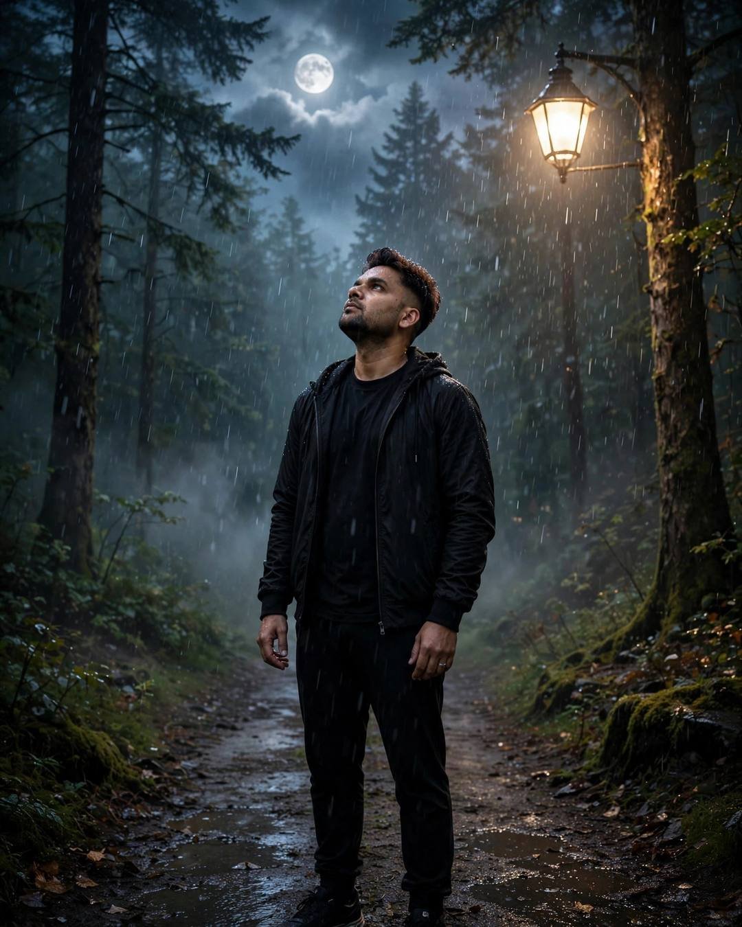 Young Indian man in black streetwear standing on a misty forest path at night, face lifted to rain under a streetlamp and full moon