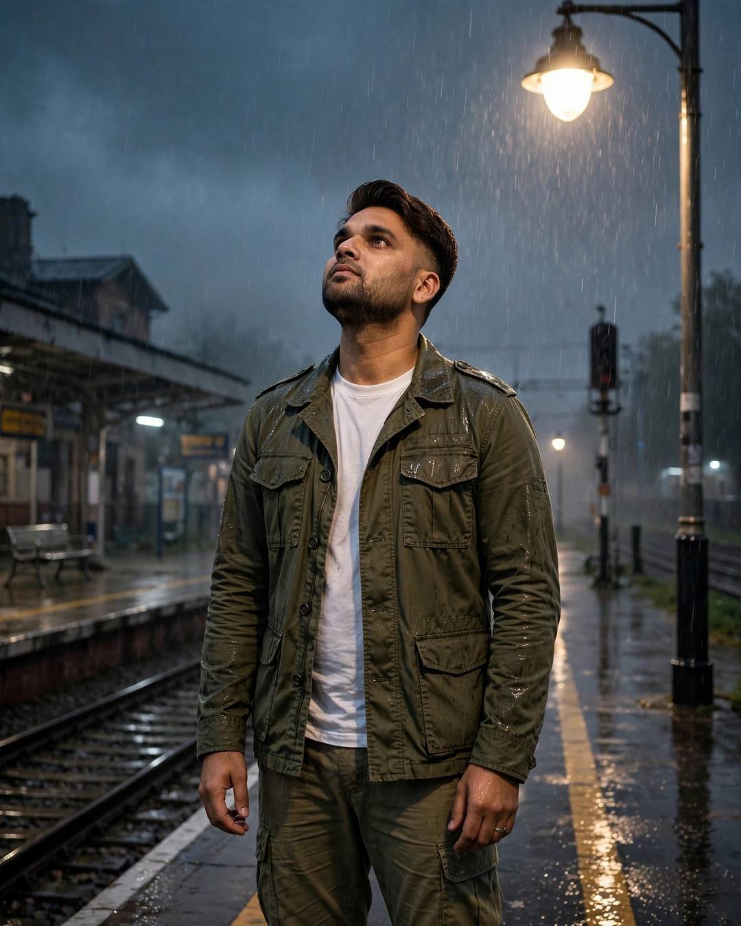 Young Indian man in an olive field jacket standing on an empty railway platform at night in the rain under a streetlamp