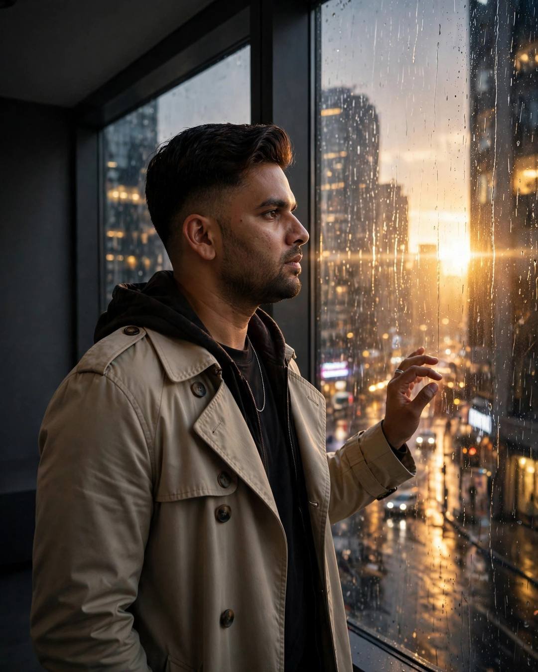 Young Indian man in a beige trench coat standing at a rain-streaked window with one hand on the glass, city lights and sunset beyond