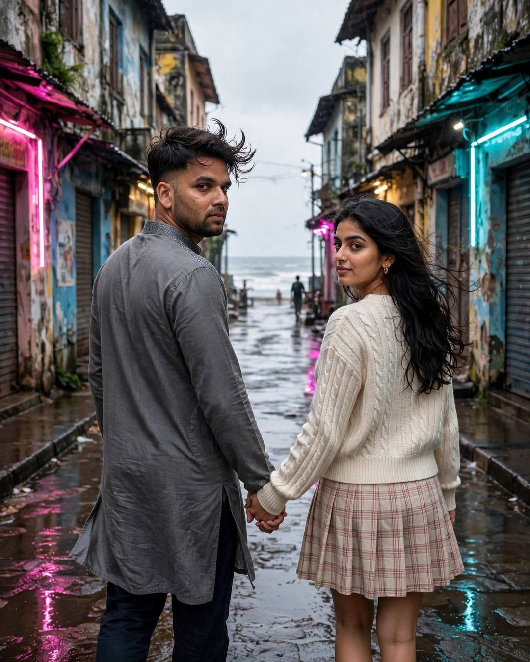 Couple in grey kurta and cream knit top walking hand in hand down a neon-lit wet lane toward the sea