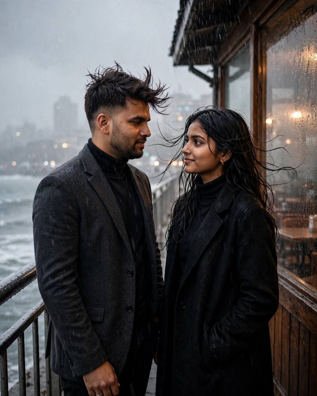 Couple in black turtlenecks by a fogged cafe window in heavy rain, dramatic side light, ocean blurred beyond