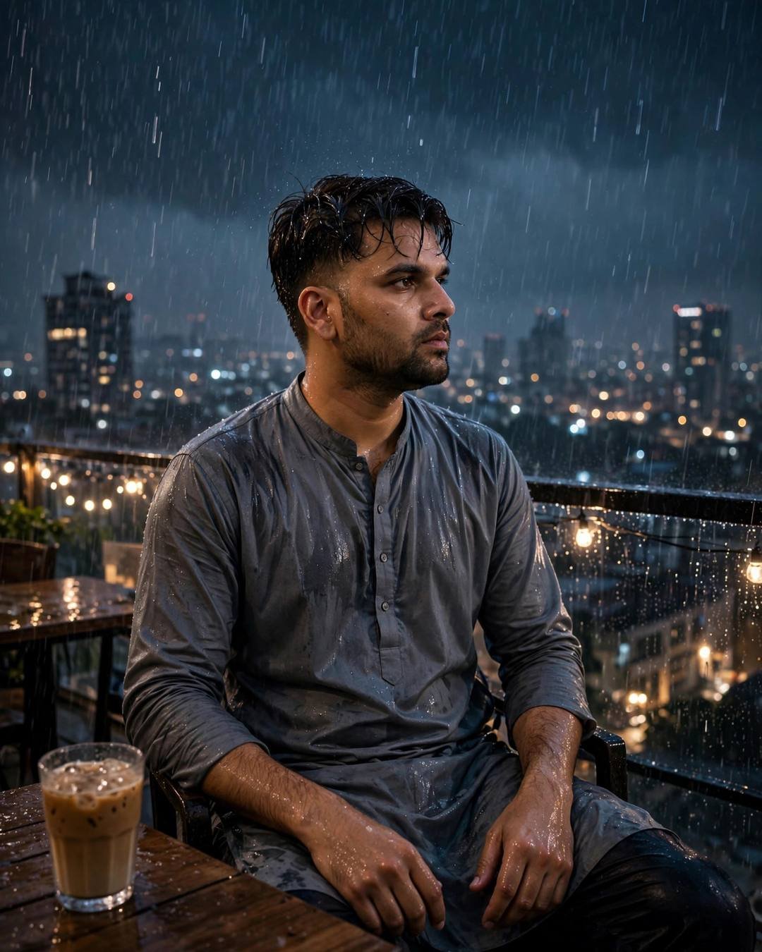 Young Indian man in a grey kurta sitting at a rooftop café table in heavy monsoon rain at midnight, cold coffee beside him, city lights below