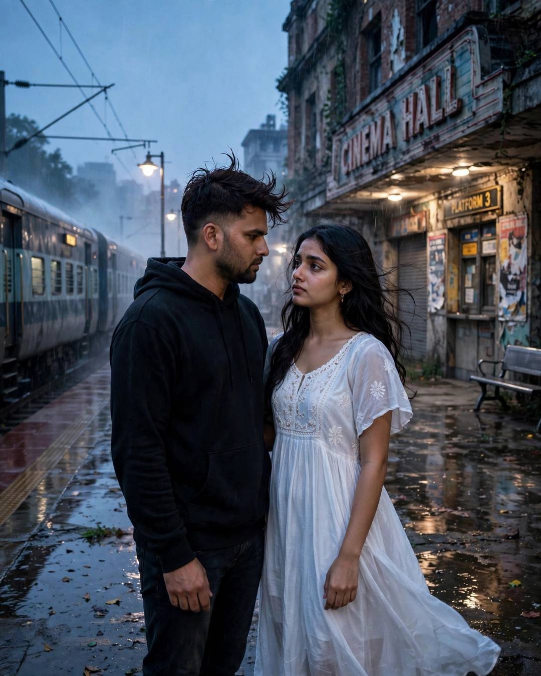 Couple in an emotional farewell on a rain-washed railway platform at blue hour, train waiting